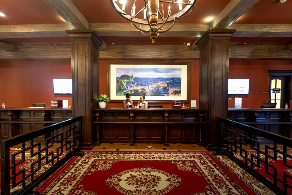 Hotel reception desk where a guest checks in